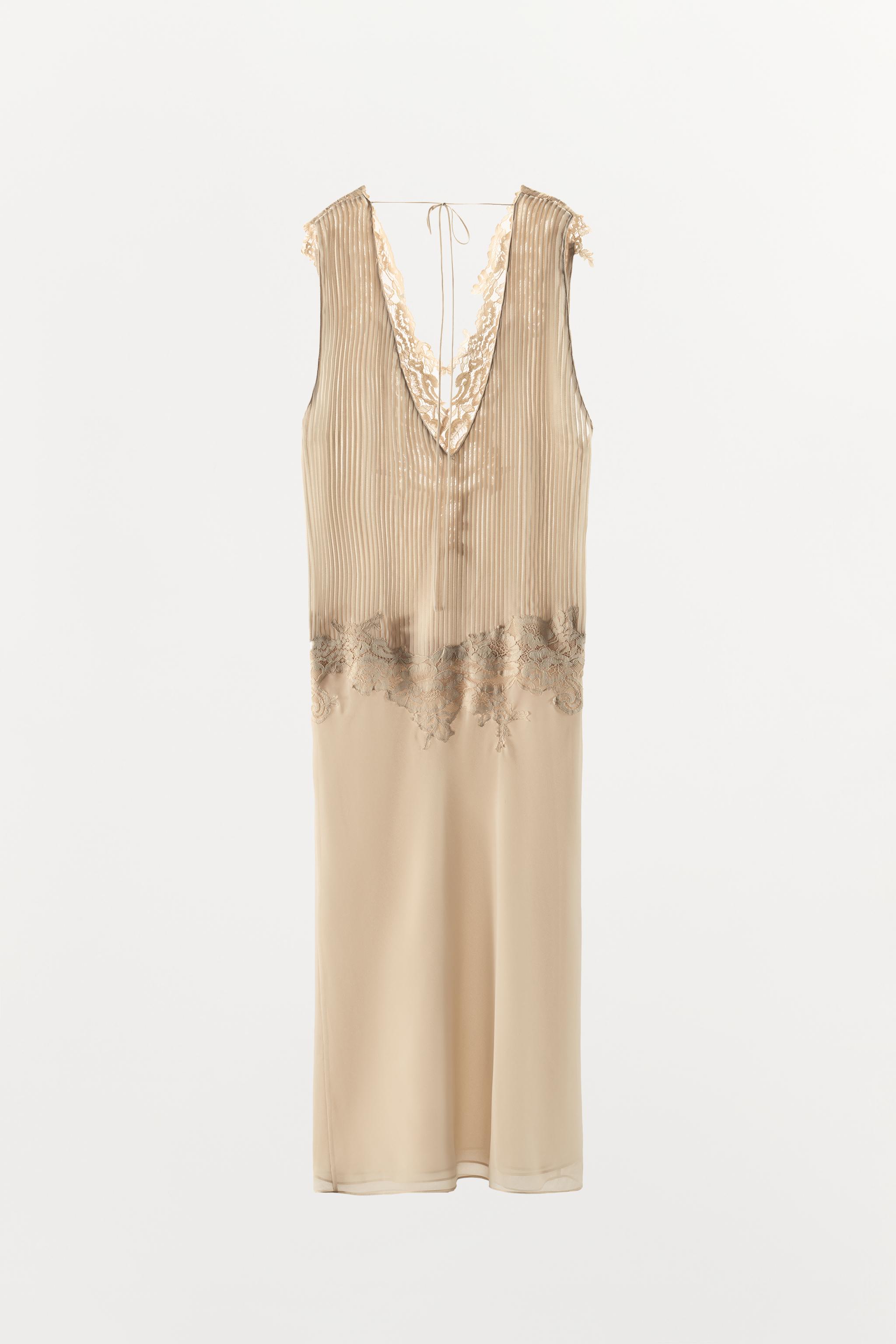 PLEATED LACE MIDI DRESS